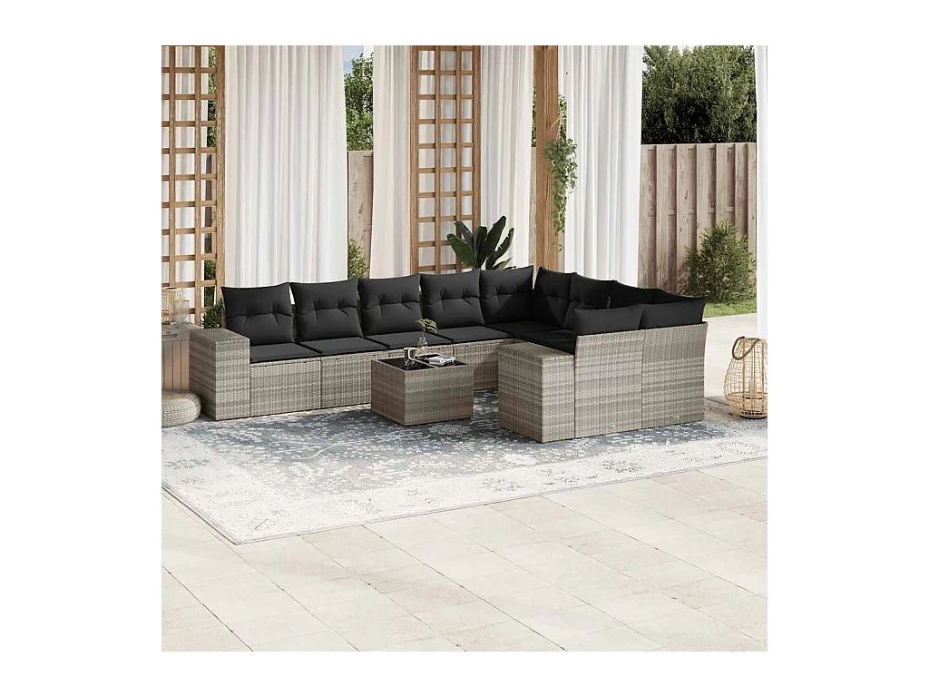 Salon de jardin avec coussins 10 pièces gris clair résine tressée