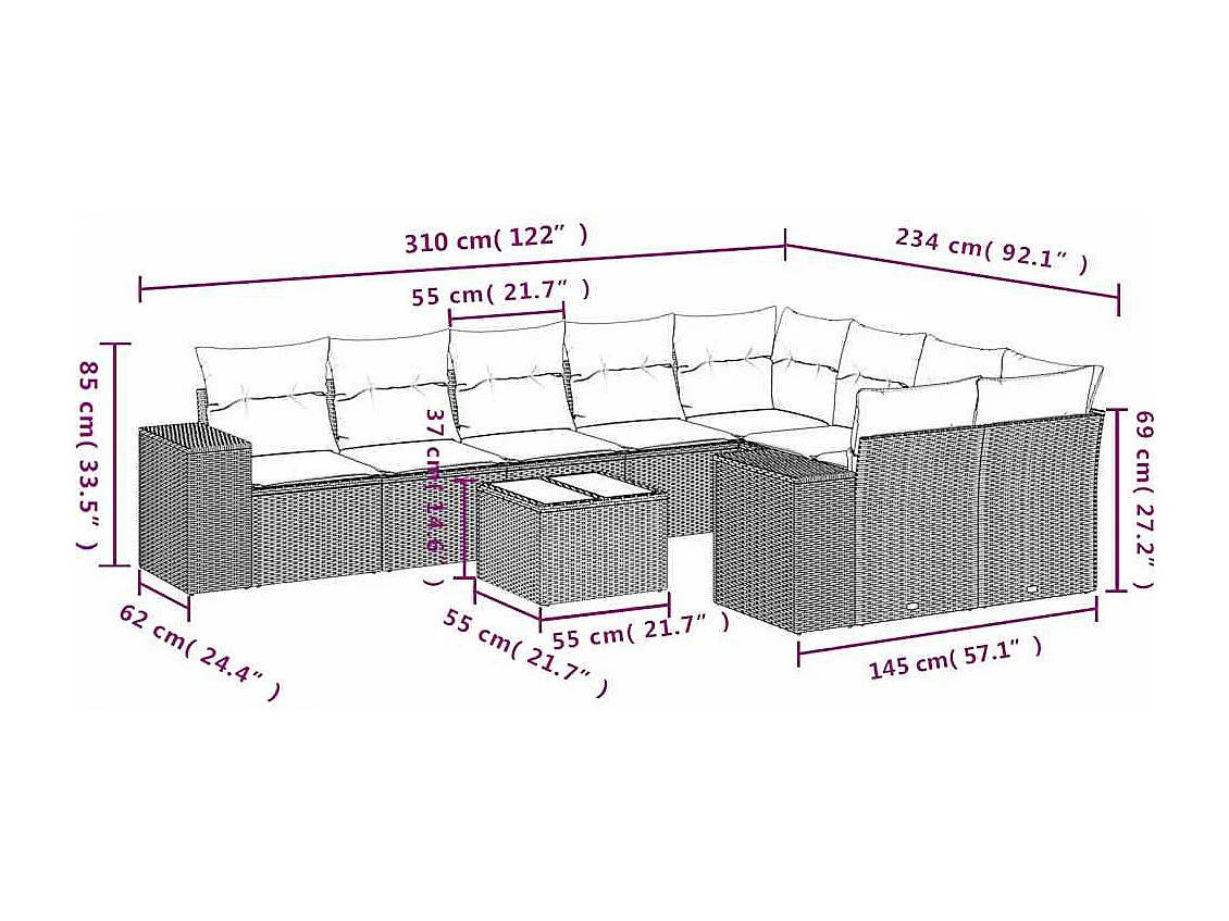 Set sofás jardín 10 piezas con cojines ratán sintético gris claro