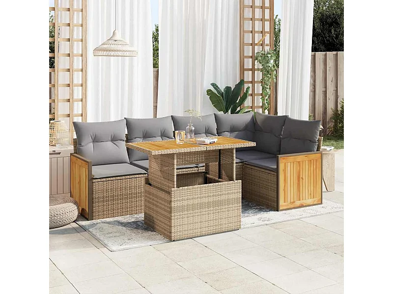 6 peças conjunto sofás jardim com almofadões vime PE/acácia bege