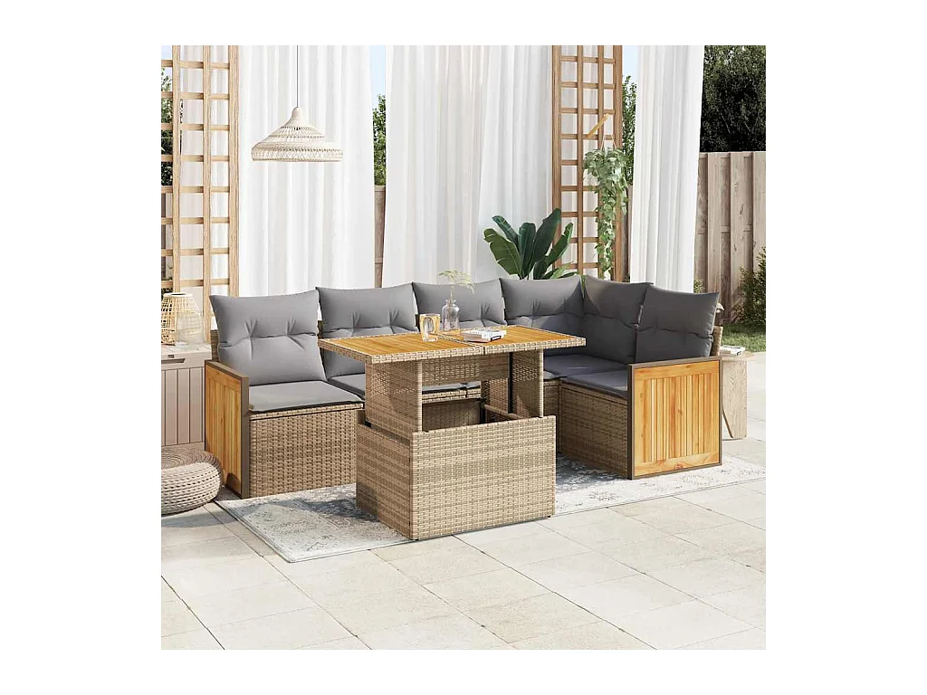 6 peças conjunto sofás jardim com almofadões vime PE/acácia bege