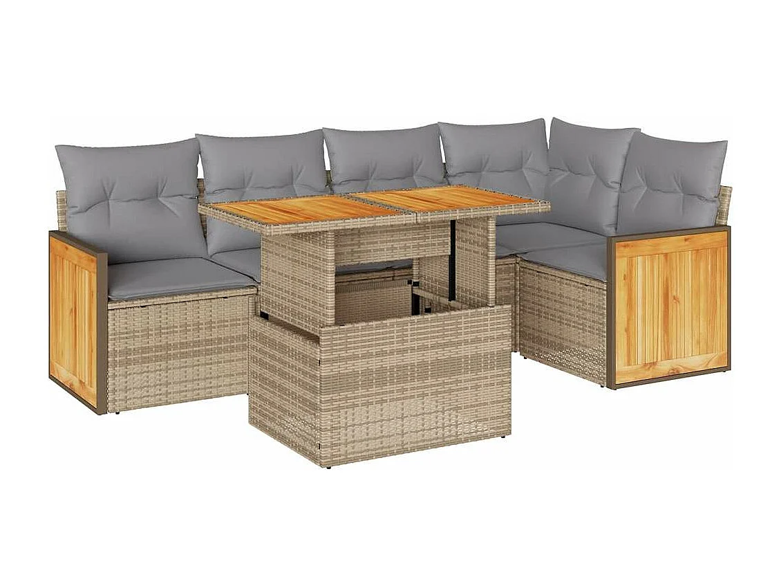 Salon de jardin 6 pièces avec coussins beige résine tressée acacia