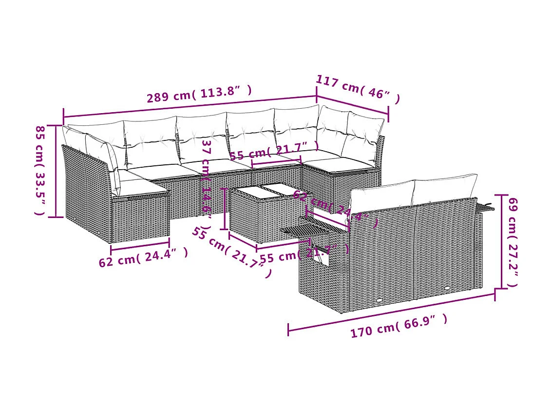 Salon de jardin avec coussins 10 pièces gris clair résine tressée