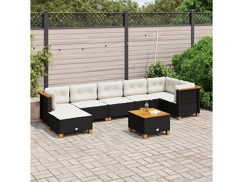 8-delige Loungeset met kussens poly rattan zwart