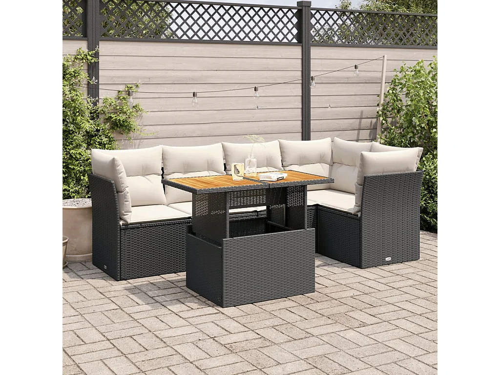 6-delige Loungeset met kussens poly rattan zwart