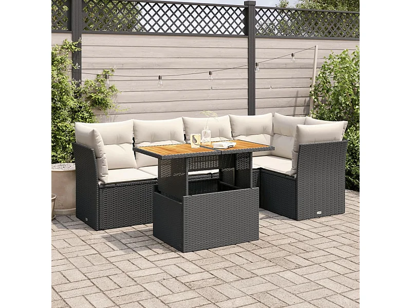 6-delige Loungeset met kussens poly rattan zwart