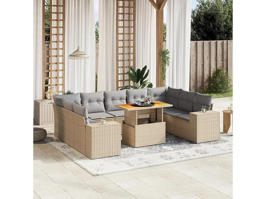 Salon de jardin avec coussins 10 pièces beige résine tressée