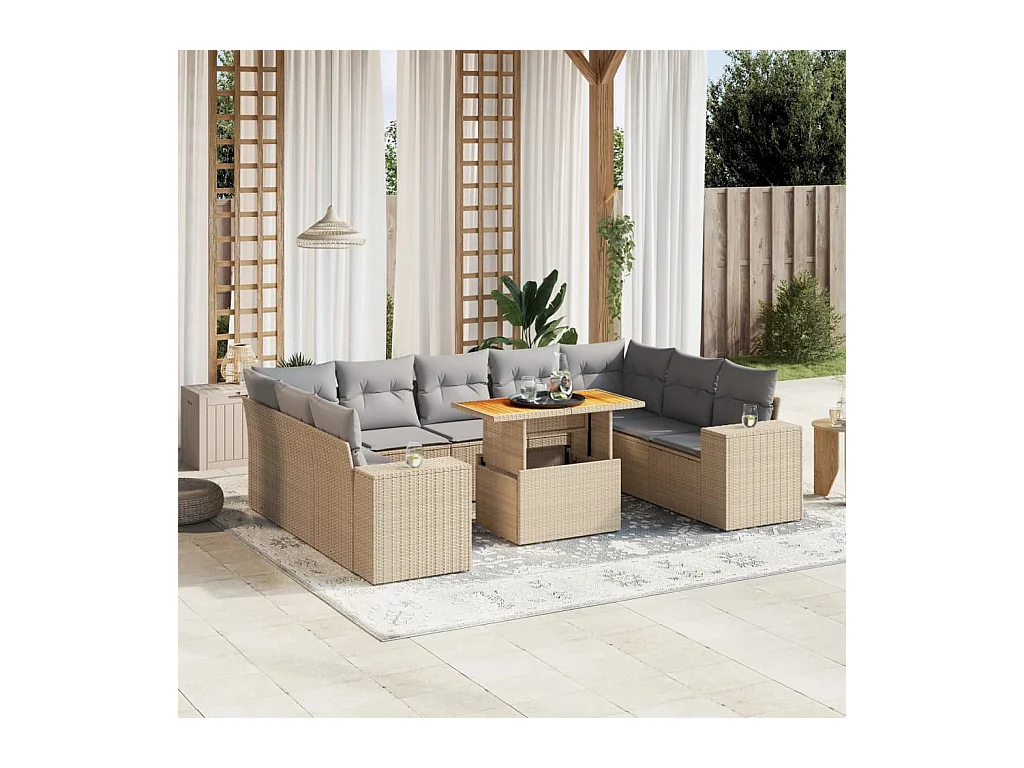 Salon de jardin avec coussins 10 pièces beige résine tressée