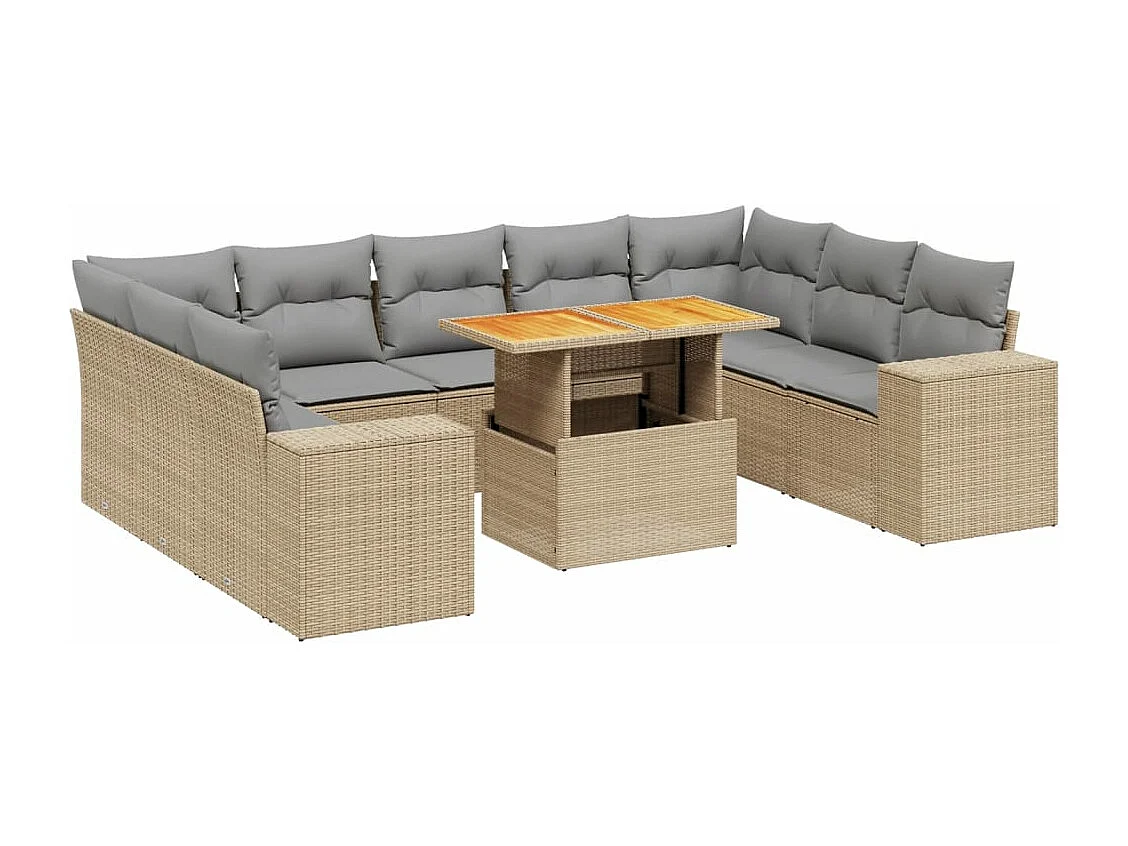 10-delige Loungeset met kussens poly rattan beige