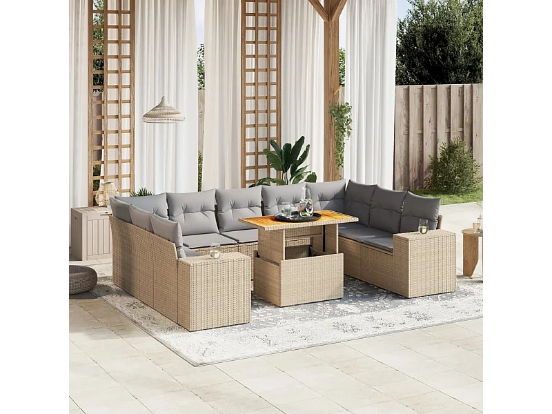 10-delige Loungeset met kussens poly rattan beige