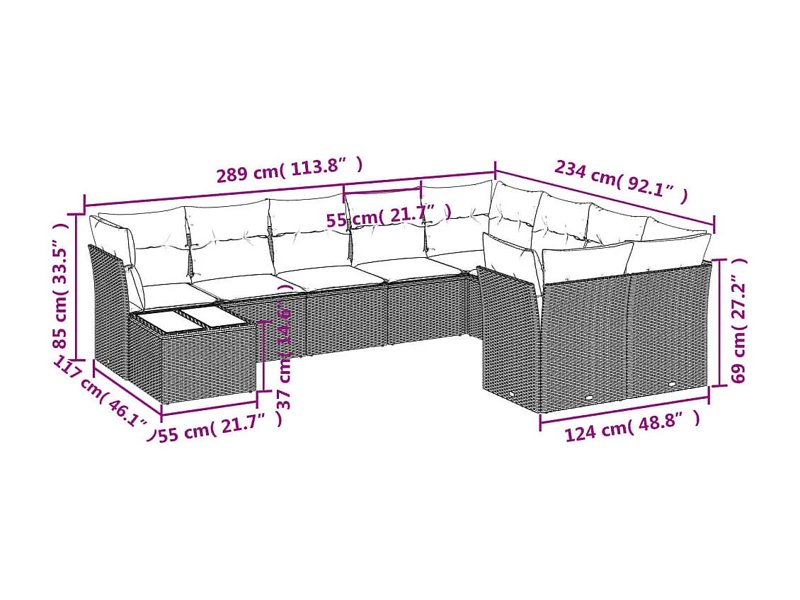 10-delige Loungeset met kussens poly rattan bruin