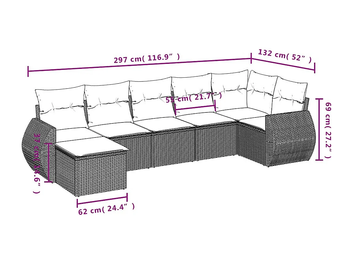 7-delige Loungeset met kussens poly rattan bruin