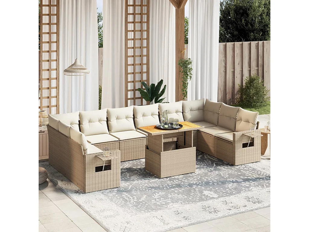 Salon de jardin 11 pièces avec coussins beige résine tressée