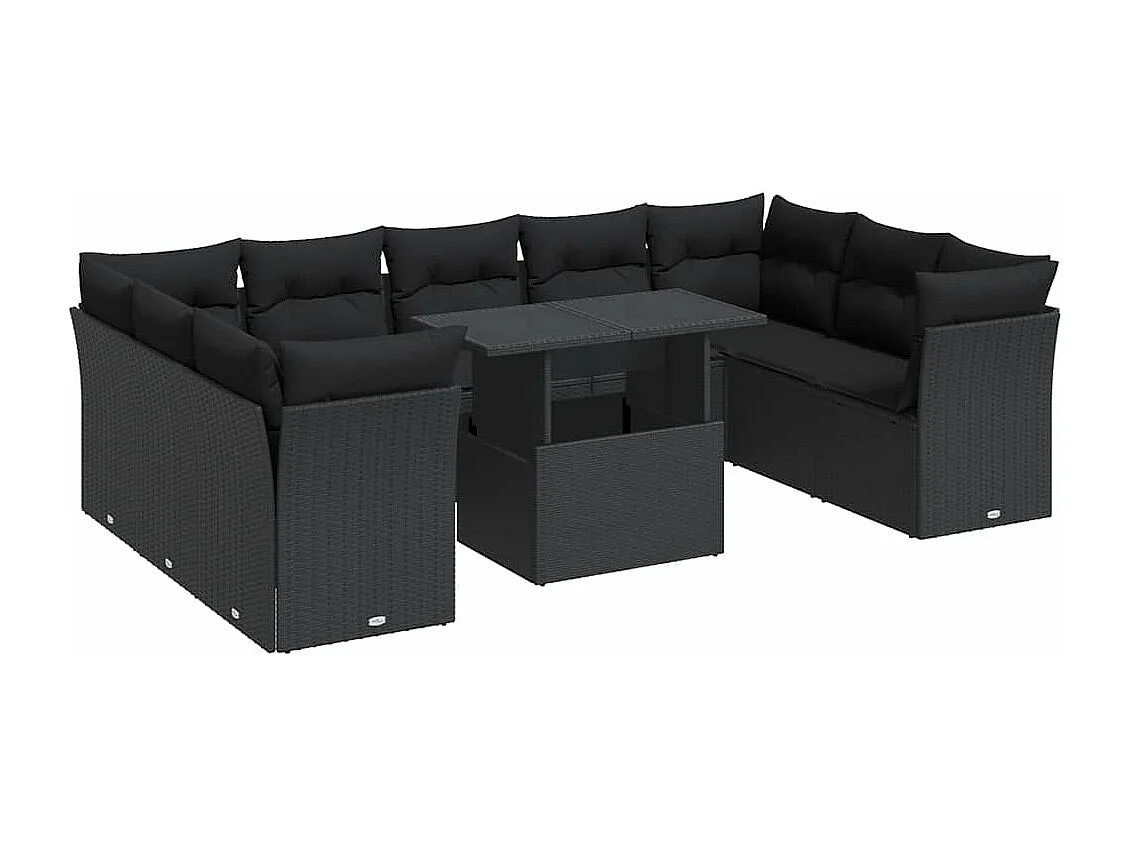 10-delige Loungeset met kussens poly rattan zwart