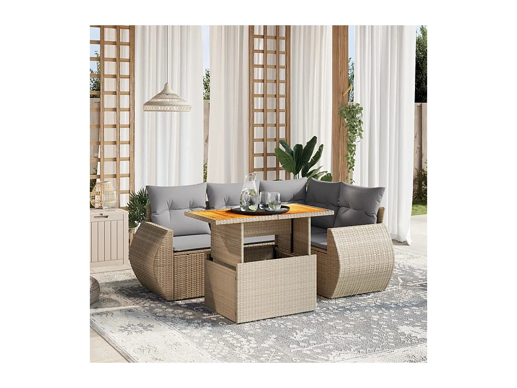 5-delige Loungeset met kussens poly rattan beige