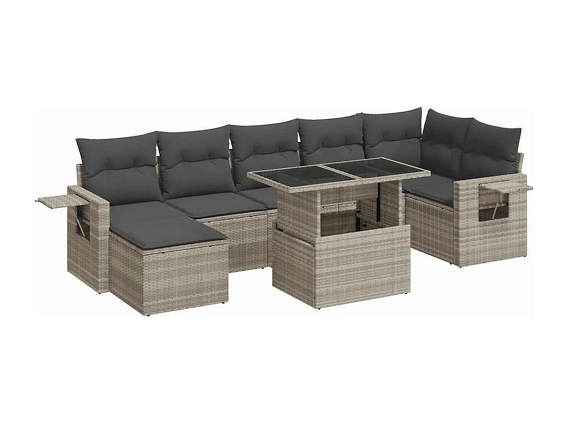 Set de sofás de jardín 8 piezas y cojines ratán sintético gris