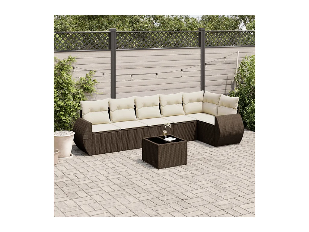 7 peças conjunto de sofás jardim com almofadões vime PE castanho