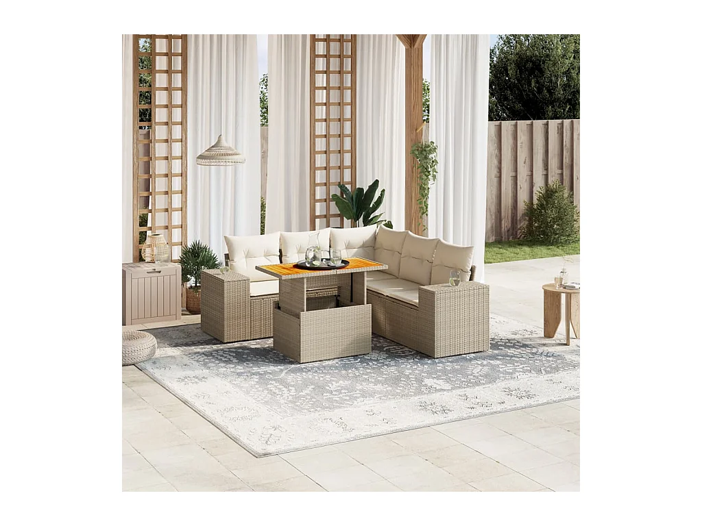 6 peças conjunto de sofás para jardim com almofadões vime PE bege