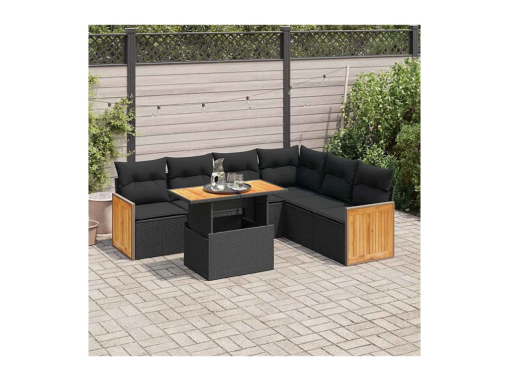 Salon de jardin avec coussins 7 pièces noir résine tressée acacia