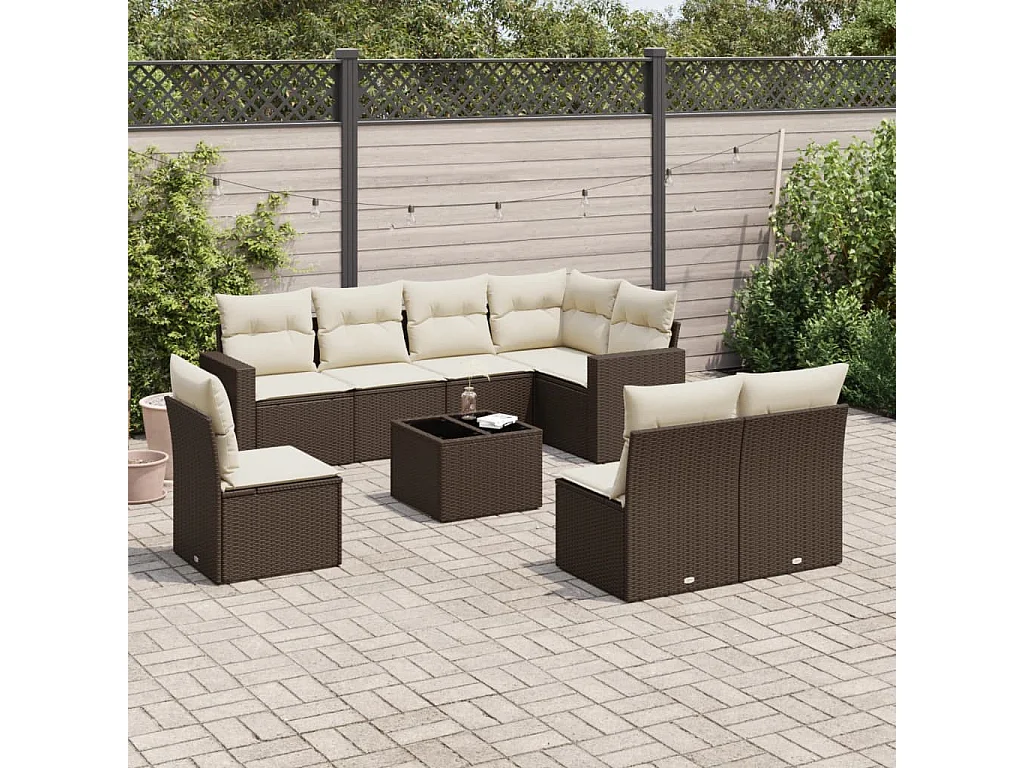 9-delige Loungeset met kussens poly rattan bruin