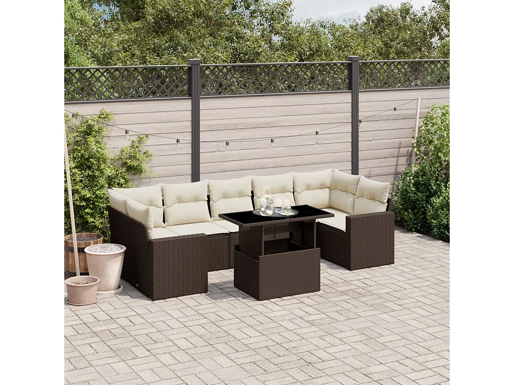 Set sofás de jardín 8 piezas y cojines ratán sintético marrón