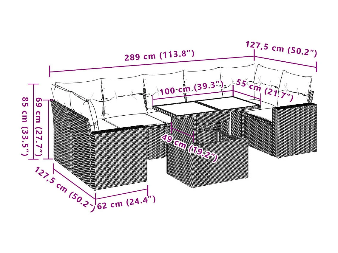 Set sofás de jardín 8 piezas y cojines ratán sintético marrón