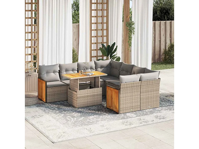 Salon de jardin avec coussins 9 pièces beige résine tressée acacia