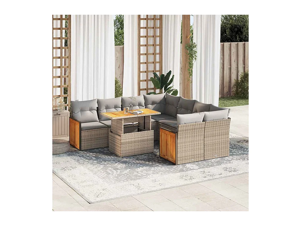 Salon de jardin avec coussins 9 pièces beige résine tressée acacia