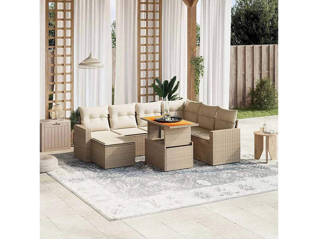 Salon de jardin avec coussins 8 pièces beige résine tressée
