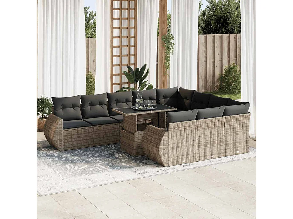 Set de sofás de jardín 11 piezas y cojines ratán sintético gris
