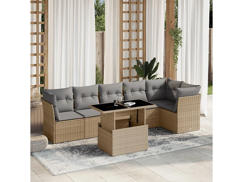 Salon de jardin avec coussins 7 pièces beige résine tressée