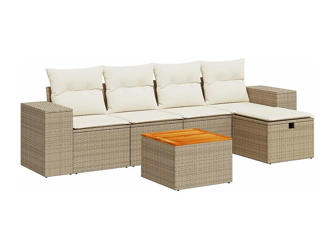 6-delige Loungeset met kussens poly rattan beige