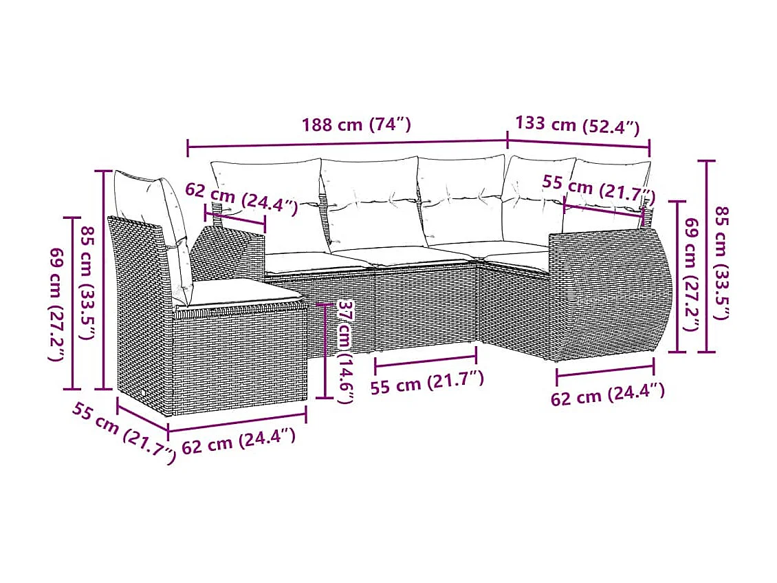 Set de sofás jardín y cojines 5 piezas ratán sintético gris claro