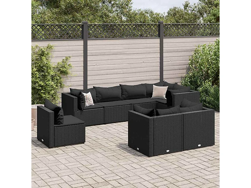 Salon de jardin 8 pièces avec coussins noir résine tressée
