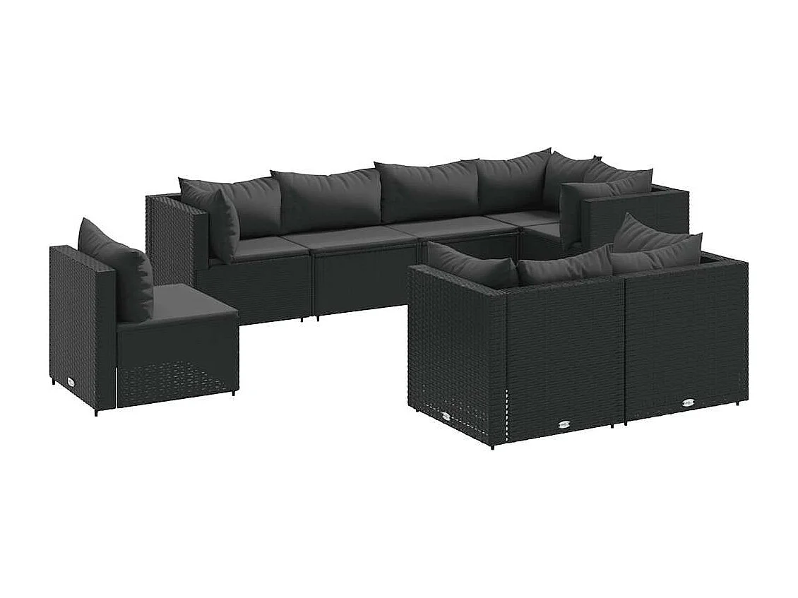 Set de muebles de jardín 8 piezas y cojines ratán sintético negro