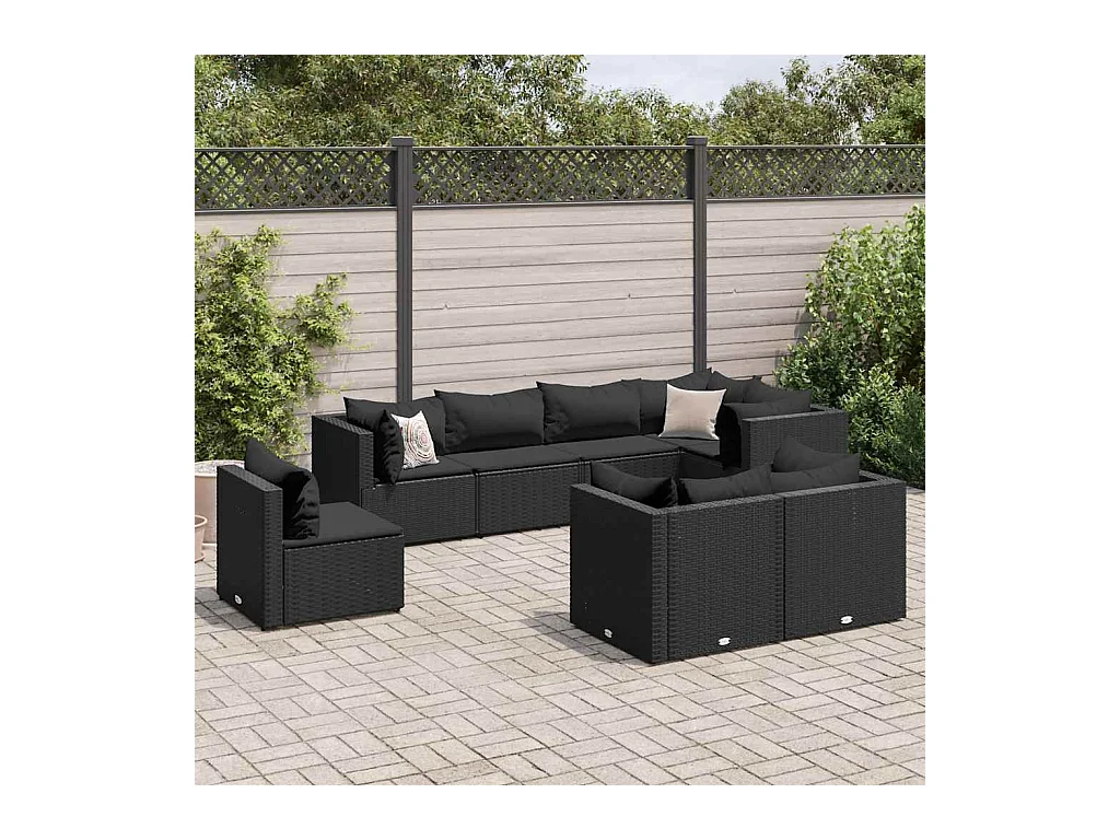 Salon de jardin 8 pièces avec coussins noir résine tressée