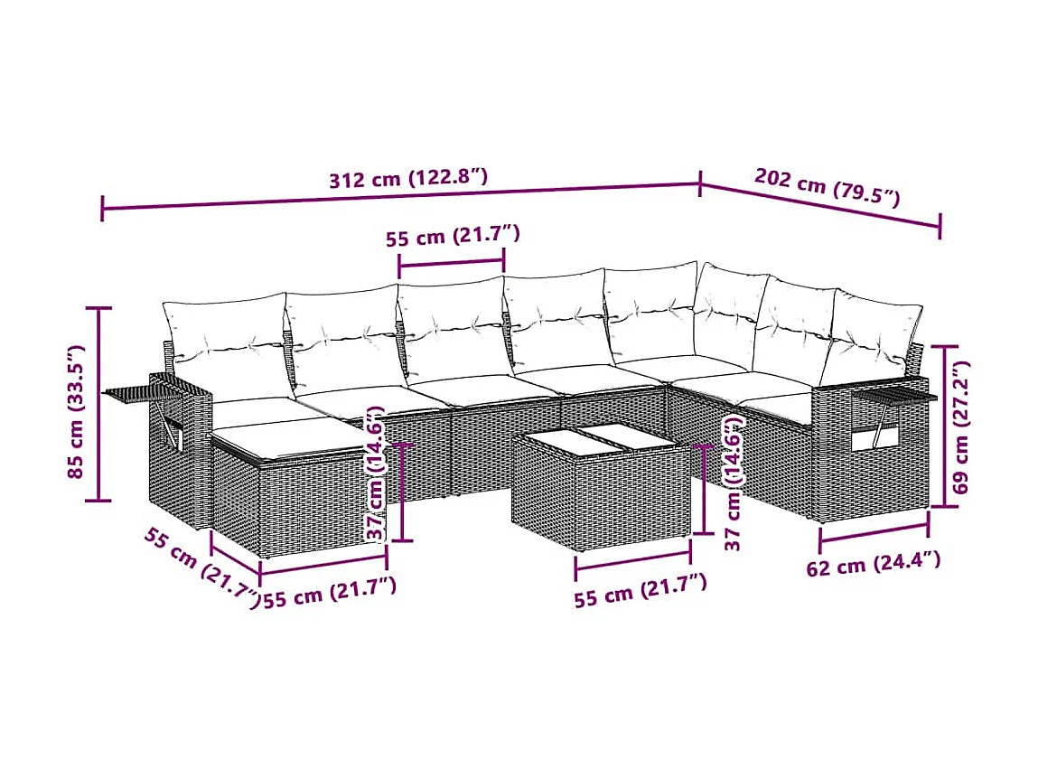 9-delige Loungeset met kussens poly rattan lichtgrijs
