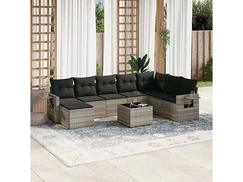 Salon de jardin 9 pièces avec coussins gris clair résine tressée