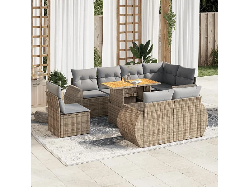 9-delige Loungeset met kussens poly rattan beige
