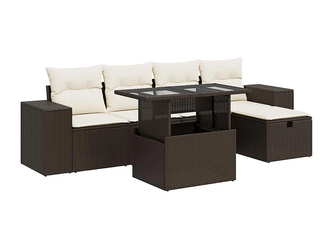 6-delige Loungeset met kussens poly rattan bruin
