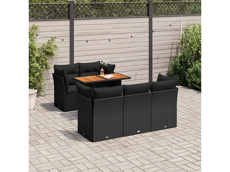 6-delige Loungeset met kussens poly rattan zwart