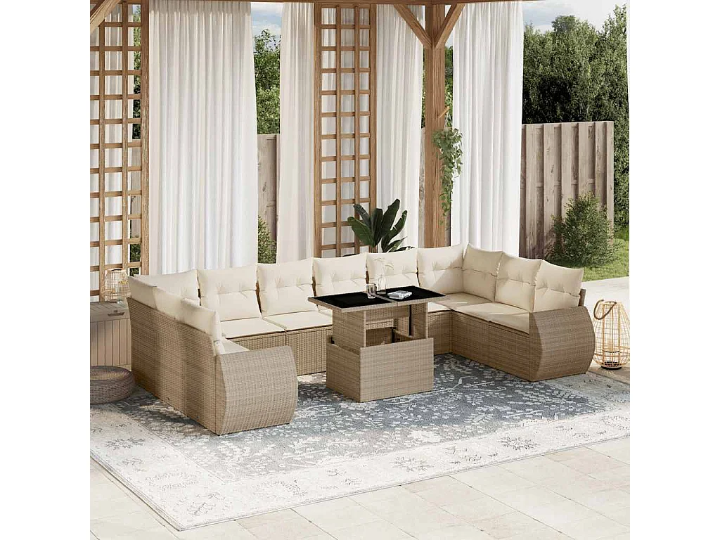 Salon de jardin 11 pièces avec coussins beige résine tressée