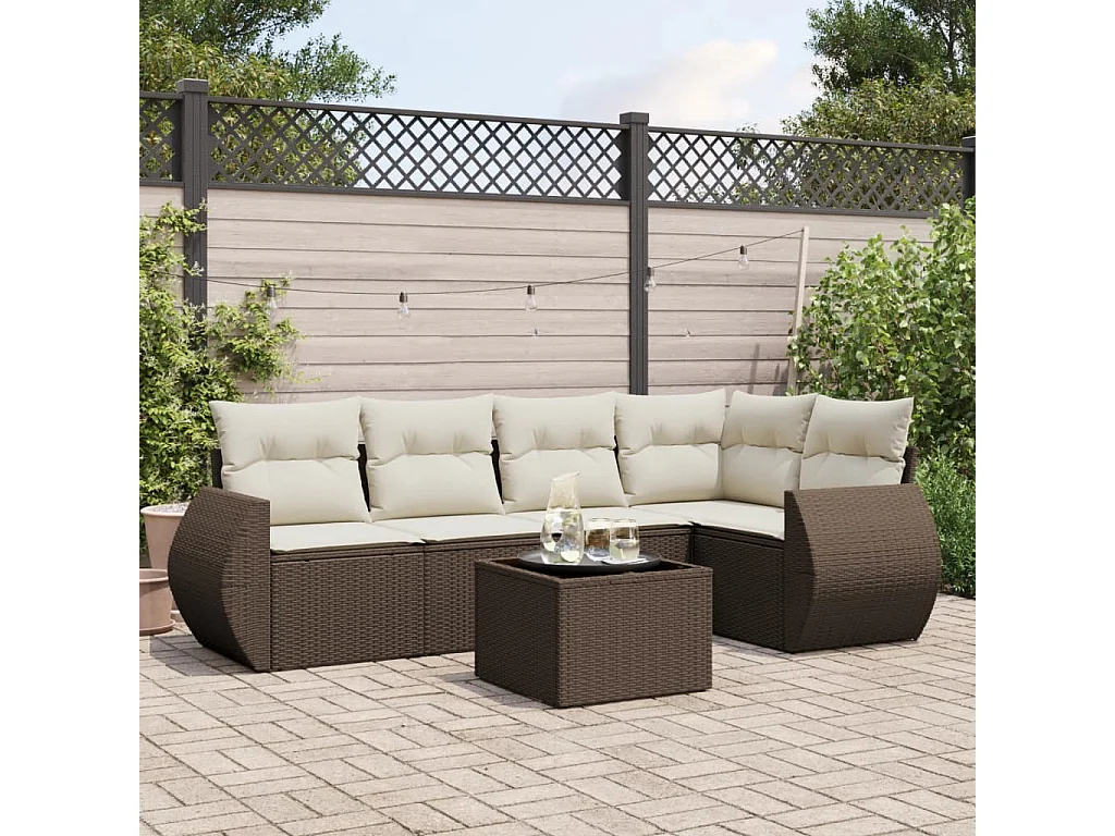 6-delige Loungeset met kussens poly rattan bruin