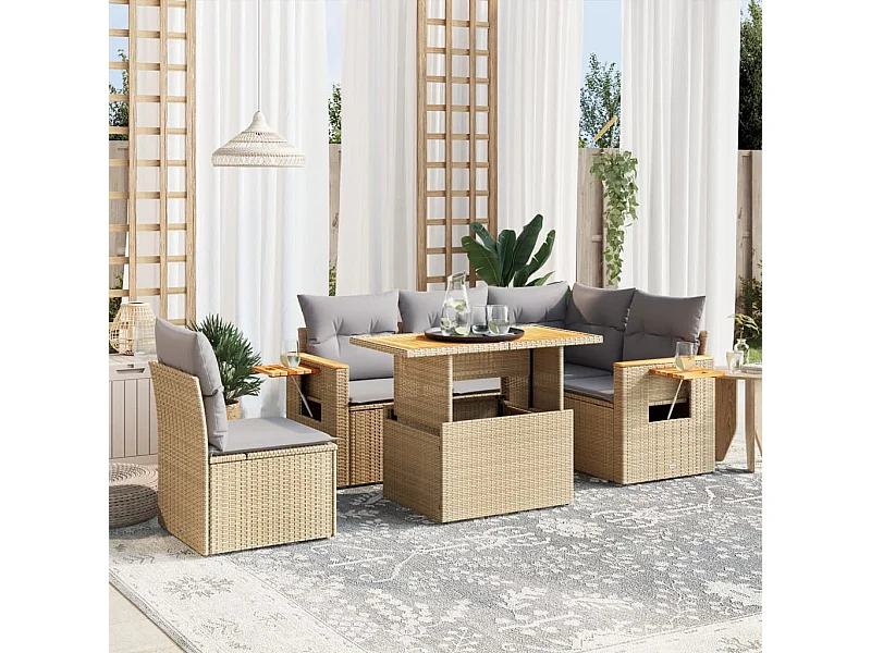 Salon de jardin avec coussins 6 pièces beige résine tressée