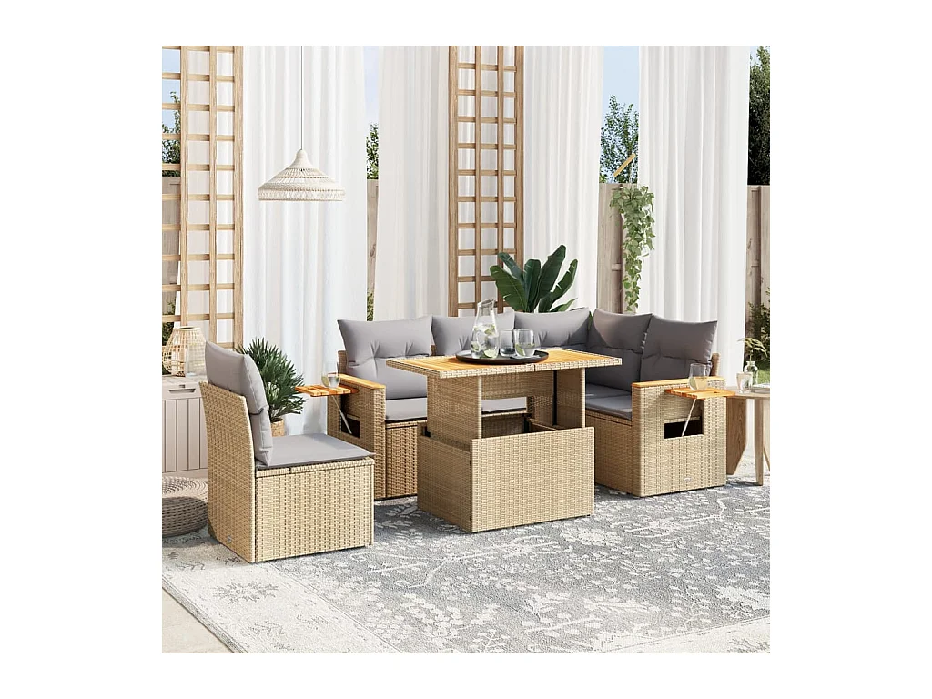 6-delige Loungeset met kussens poly rattan beige