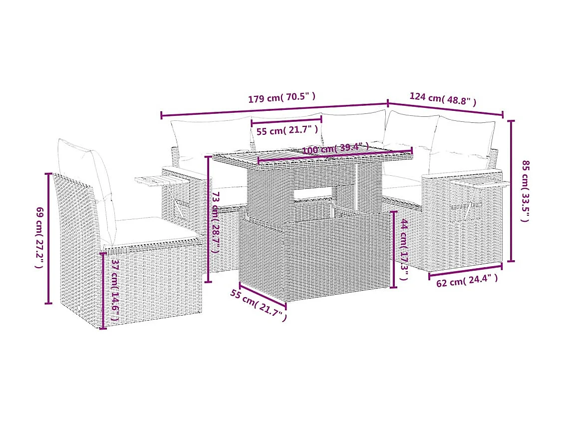 6-delige Loungeset met kussens poly rattan beige