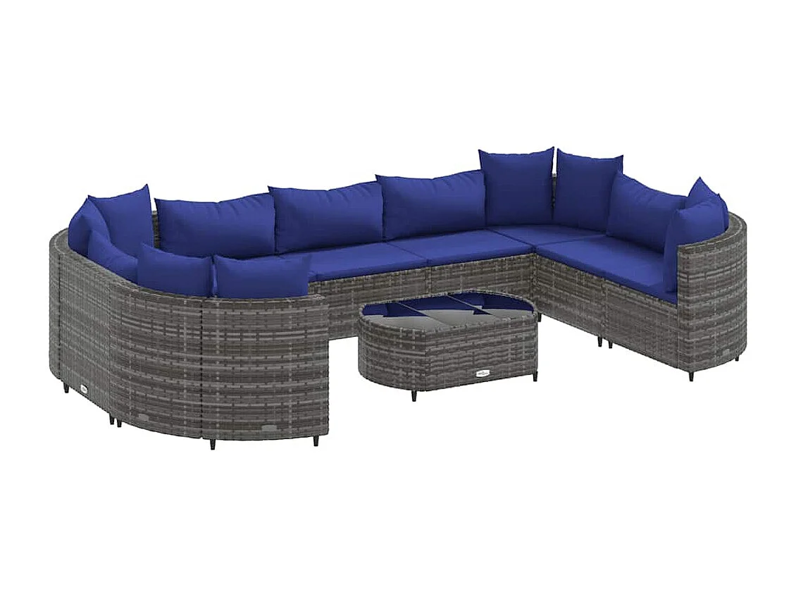 10-delige Loungeset met kussens poly rattan grijs