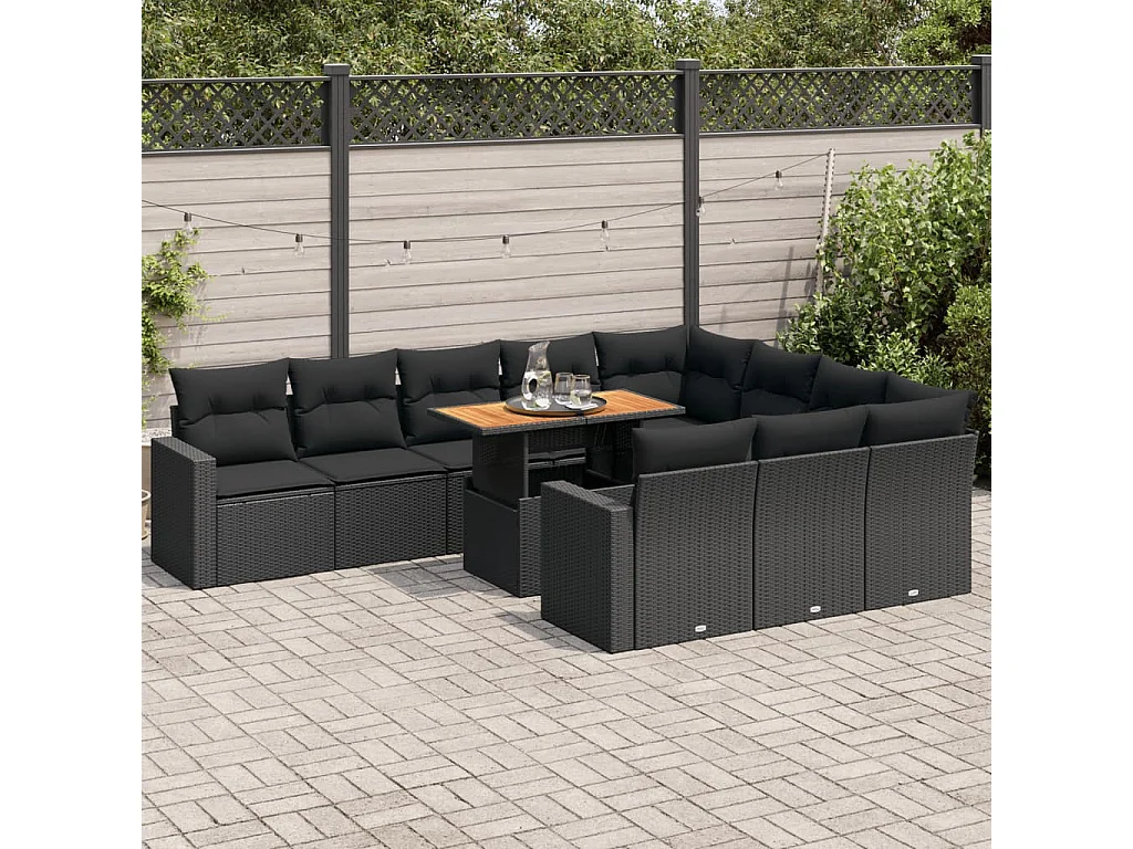 Salon de jardin 11 pièces avec coussins noir résine tressée