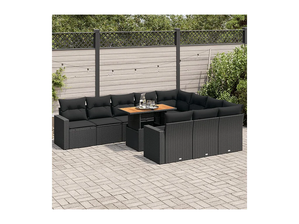 11 peças conjunto sofás de jardim com almofadões vime PE preto