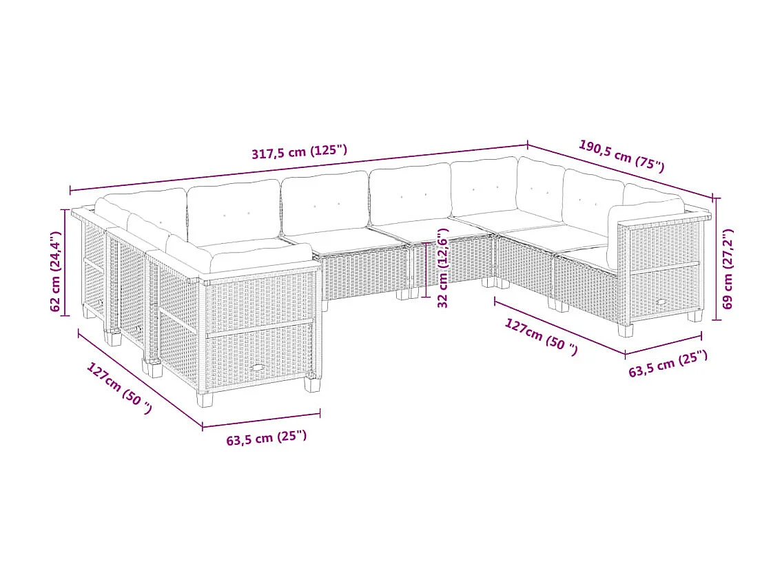 9-delige Loungeset met kussens poly rattan zwart