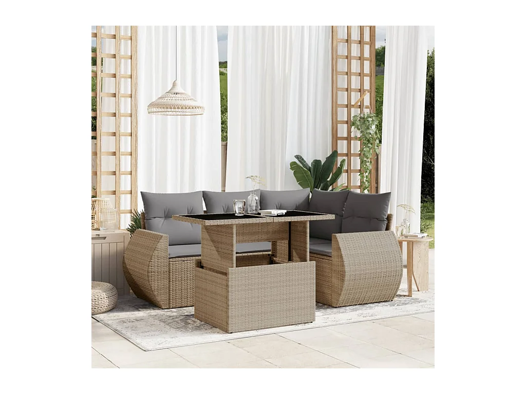 Juego de sofás jardín con cojines 5 piezas ratán sintético beige